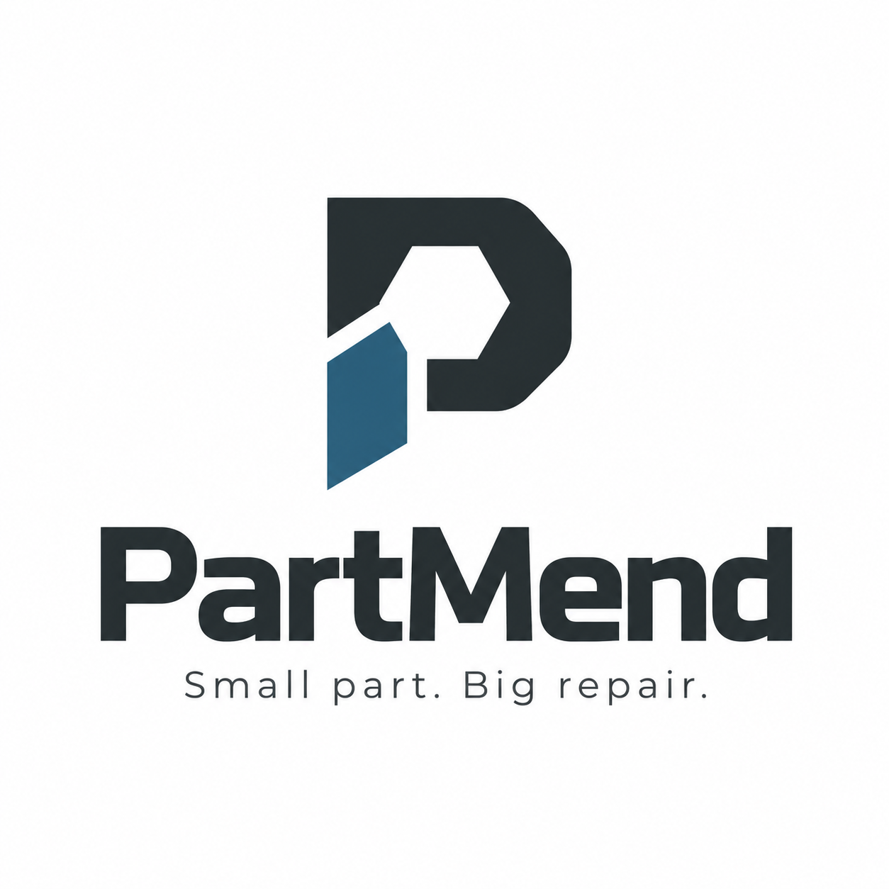 PartMend-Logo mit blauem und dunklem P-Signet und dem Leitsatz Small part. Big repair.